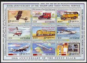 Guyana 1992 Anniversaries scarce opt in red (Albertville Olympics) on sheetlet of 9 (150th Anniversary of Penny Black and Thurn & Taxis Postal Anniversary - Mail Transport) unmounted mint