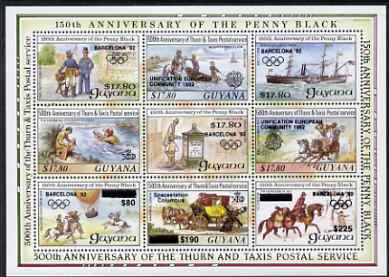 Guyana 1992 Anniversaries opt in black (Barcelona Olympics, Space Station & Europa) on sheetlet of 9 (150th Anniversary of Penny Black and Thurn & Taxis Postal Anniversary - Mail Carriers) unmounted mint