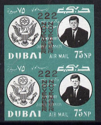 Dubai 1964 Kennedy Death Anniversary (22 Nov) 75np unmounted mint imperf pair with overprint doubled (as SG 133)*