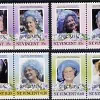 St Vincent 1985 Life & Times of HM Queen Mother set of 8 (4 se-tenant pairs) each overprinted SPECIMEN unmounted mint SG 910-17s