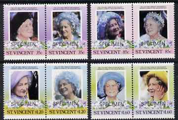 St Vincent 1985 Life & Times of HM Queen Mother set of 8 (4 se-tenant pairs) each overprinted SPECIMEN unmounted mint SG 910-17s