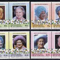 St Vincent - Grenadines 1985 Life & Times of HM Queen Mother set of 8 (4 se-tenant pairs) each overprinted SPECIMEN unmounted mint SG 403-10s