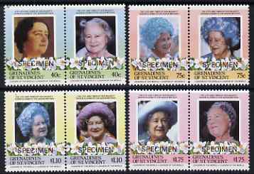 St Vincent - Grenadines 1985 Life & Times of HM Queen Mother set of 8 (4 se-tenant pairs) each overprinted SPECIMEN unmounted mint SG 403-10s