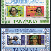 Tanzania 1986 Queen Mother perf proof set of 2 m/sheets each with 'AMERIPEX 86' opt in black (unissued) unmounted mint