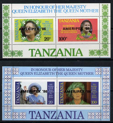 Tanzania 1986 Queen Mother perf proof set of 2 m/sheets each with 'AMERIPEX 86' opt in black (unissued) unmounted mint