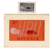Nigeria 1961 Admission into UPU superb piece of original artwork for 3d value probably by M Goaman, similar concept as issued stamp, size 6.5"x4" plus stamp-size black & white photographic reproduction