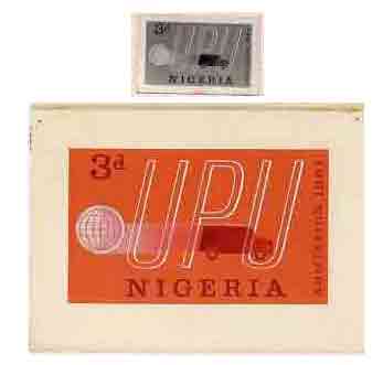Nigeria 1961 Admission into UPU superb piece of original artwork for 3d value probably by M Goaman, similar concept as issued stamp, size 6.5