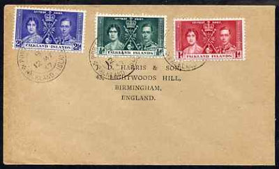 Falkland Islands 1937 KG6 Coronation set of 3 on plain cover with first day cancel addressed to the forger, J D Harris.,Harris was imprisoned for 9 months after Robson Lowe exposed him for applying forged first day cancels to Coro……Details Below