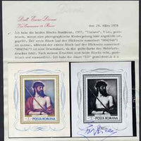 Rumania 1968 Paintings 5L m/sheet with yellow omitted plus normal, both unmounted mint complete with Diena certificate, as SG MS3549