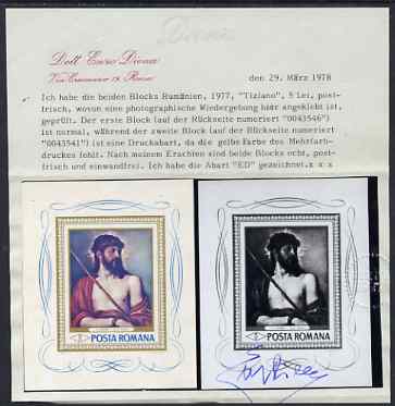 Rumania 1968 Paintings 5L m/sheet with yellow omitted plus normal, both unmounted mint complete with Diena certificate, as SG MS3549