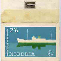 Nigeria 1961 Admission into UPU superb piece of original artwork for 2s6d value probably by M Goaman, showing mail boat, size 6.5"x4" plus stamp-size black & white photographic reproduction
