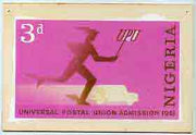 Nigeria 1961 Admission into UPU superb piece of original artwork for 3d value probably by M Goaman, showing runner, size 6.5"x4" plus stamp-size black & white photographic reproduction