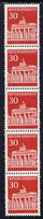Germany - West 1966 Brandenburg Gate 30 pfg coil strip of 5 (one with number on back) unmounted mint, SG 1414
