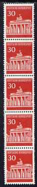 Germany - West 1966 Brandenburg Gate 30 pfg coil strip of 5 (one with number on back) unmounted mint, SG 1414