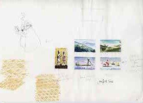Jamaica 1960's original artwork on thin paper by Jennifer Toombs for Tourism issue comprising 5 stamp size colour sketches, signed Jennifer M Toombs