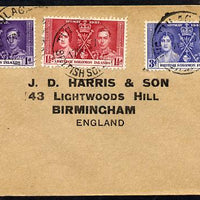 Solomon Islands 1937 KG6 Coronation set of 3 on cover with first day cancel addressed to the forger, J D Harris.,Harris was imprisoned for 9 months after Robson Lowe exposed him for applying forged first day cancels to Coronation ……Details Below