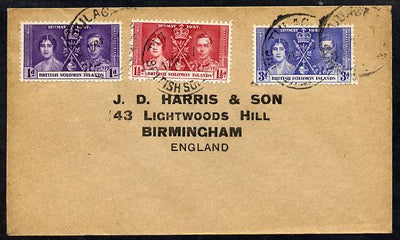 Solomon Islands 1937 KG6 Coronation set of 3 on cover with first day cancel addressed to the forger, J D Harris.,Harris was imprisoned for 9 months after Robson Lowe exposed him for applying forged first day cancels to Coronation ……Details Below