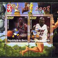 Benin 2007 Beijing Olympic Games #20 - Basketball perf s/sheet containing 2 values (Jordan & O'neil with Disney characters in background) unmounted mint
