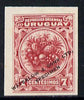 Uruguay 1900 Pineapple 7c Printer's sample in red (issued stamp was orange-brown) overprinted Waterlow & Sons SPECIMEN with security punch hole without gum, as SG 233