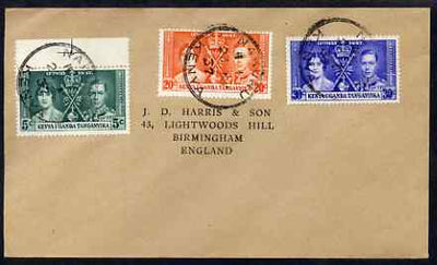 Kenya, Uganda & Tanganyika 1937 KG6 Coronation set of 3 on cover (not first day) addressed to the forger, J D Harris.,Harris was imprisoned for 9 months after Robson Lowe exposed him for applying forged first day cancels to Corona……Details Below