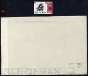 Isle of Man 1974 original pencil sketch artwork by John Nicholson for the 3.5p Tourist Trophy Races issue comprising the wording only - country name, inscription and value (seen here as 3p) plus imperf example of issued stamp but ……Details Below