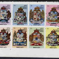 Cinderella - Great Britain 1971 Strike Post sheetlet containing 12 values 1s to 7s6d arranged in 2 rows of 6, partially perforated (last two labels imperf with margin) unmounted mint