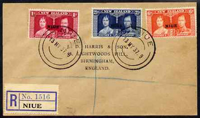 Niue 1937 KG6 Coronation set of 3 on reg cover with first day cancel addressed to the forger, J D Harris.,Harris was imprisoned for 9 months after Robson Lowe exposed him for applying forged first day cancels to Coronation covers (details supplied).