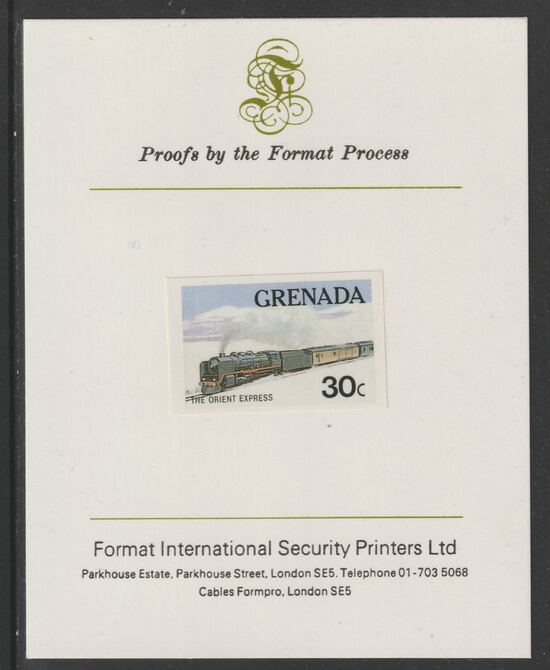 Grenada 1982 Famous Trains 30c Orient Express imperf proof mounted on Format International proof card as SG 1212