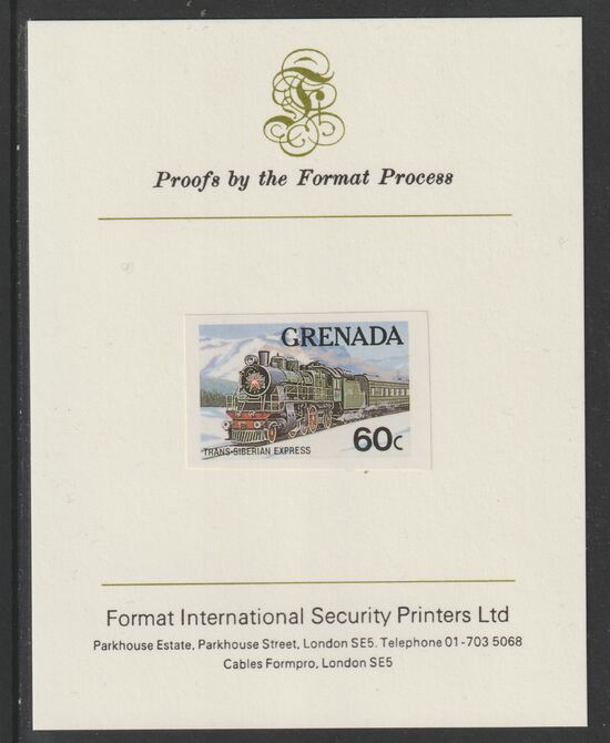 Grenada 1982 Famous Trains 60c Trans-Siberian Express imperf proof mounted on Format International proof card as SG 1213