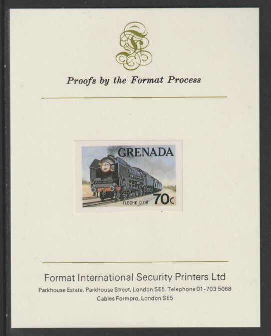 Grenada 1982 Famous Trains 70c Fleche d'Or imperf proof mounted on Format International proof card as SG 1214