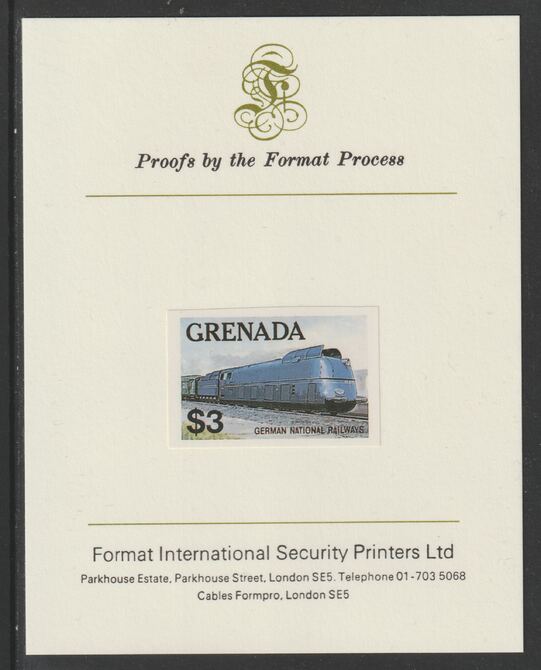 Grenada 1982 Famous Trains $3 German National Railways Clas 05 Loco imperf proof mounted on Format International proof card as SG 1217