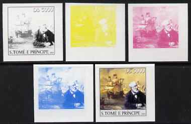 St Thomas & Prince Islands 2004 Jules Verne 5,000 Db (with early Sailing Ship) the set of 5 imperf progressive proofs comprising the 4 individual colours plus all 4-colour composite, unmounted mint