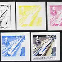 St Thomas & Prince Islands 2004 Jules Verne 7,000 Db (with modern High Speed Train) the set of 5 imperf progressive proofs comprising the 4 individual colours plus all 4-colour composite, unmounted mint