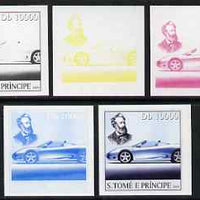St Thomas & Prince Islands 2004 Jules Verne 10,000 Db (with modern Sports Car) the set of 5 imperf progressive proofs comprising the 4 individual colours plus all 4-colour composite, unmounted mint