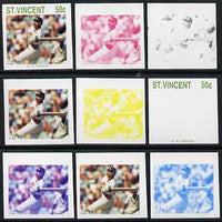 St Vincent 1988 Cricketers 50c G Gooch the set of 9 imperf progressive proofs comprising the 5 individual colours plus 2, 3, 4 and all 5-colour composites unmounted mint, as SG 1145