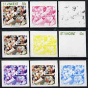 St Vincent 1988 Cricketers 50c G Gooch the set of 9 imperf progressive proofs comprising the 5 individual colours plus 2, 3, 4 and all 5-colour composites unmounted mint, as SG 1145