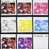 St Vincent 1988 Cricketers 75c R N Kapil Dev the set of 9 imperf progressive proofs comprising the 5 individual colours plus 2, 3, 4 and all 5-colour composites unmounted mint, as SG 1146