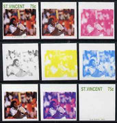 St Vincent 1988 Cricketers 75c R N Kapil Dev the set of 9 imperf progressive proofs comprising the 5 individual colours plus 2, 3, 4 and all 5-colour composites unmounted mint, as SG 1146