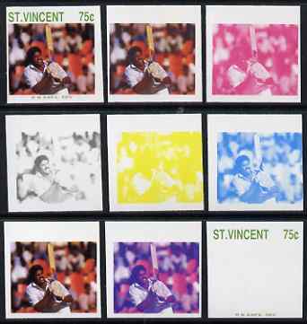 St Vincent 1988 Cricketers 75c R N Kapil Dev the set of 9 imperf progressive proofs comprising the 5 individual colours plus 2, 3, 4 and all 5-colour composites unmounted mint, as SG 1146