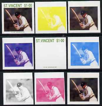 St Vincent 1988 Cricketers $1.00 S M Gavaskar the set of 9 imperf progressive proofs comprising the 5 individual colours plus 2, 3, 4 and all 5-colour composites unmounted mint, as SG 1147