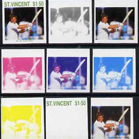 St Vincent 1988 Cricketers $1.50 Mike Gatting the set of 9 imperf progressive proofs comprising the 5 individual colours plus 2, 3, 4 and all 5-colour composites unmounted mint, as SG 1148