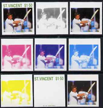 St Vincent 1988 Cricketers $1.50 Mike Gatting the set of 9 imperf progressive proofs comprising the 5 individual colours plus 2, 3, 4 and all 5-colour composites unmounted mint, as SG 1148