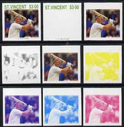 St Vincent 1988 Cricketers $3.00 Ian Botham the set of 9 imperf progressive proofs comprising the 5 individual colours plus 2, 3, 4 and all 5-colour composites unmounted mint, as SG 1150