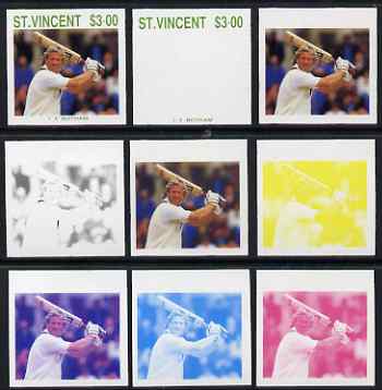 St Vincent 1988 Cricketers $3.00 Ian Botham the set of 9 imperf progressive proofs comprising the 5 individual colours plus 2, 3, 4 and all 5-colour composites unmounted mint, as SG 1150