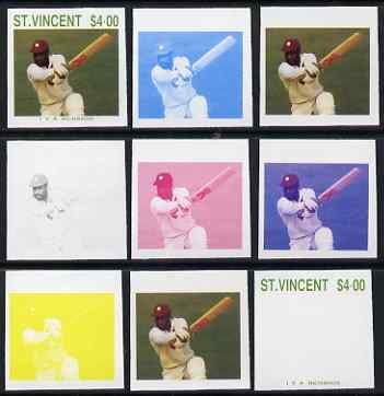 St Vincent 1988 Cricketers $4.00 Viv Richards the set of 9 imperf progressive proofs comprising the 5 individual colours plus 2, 3, 4 and all 5-colour composites unmounted mint, as SG 1151