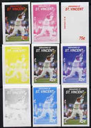 St Vincent - Grenadines 1988 Cricketers 75c M D Crowe the set of 9 imperf progressive proofs comprising the 5 individual colours plus 2, 3, 4 and all 5-colour composites unmounted mint, as SG 575