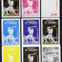 St Vincent - Grenadines 1988 Cricketers $1.50 A R Border the set of 9 imperf progressive proofs comprising the 5 individual colours plus 2, 3, 4 and all 5-colour composites, as SG 577 unmounted mint