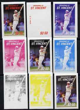 St Vincent - Grenadines 1988 Cricketers $2.50 G A Hick the set of 9 imperf progressive proofs comprising the 5 individual colours plus 2, 3, 4 and all 5-colour composites unmounted mint, as SG 579