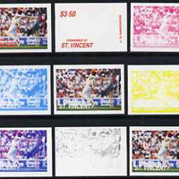 St Vincent - Grenadines 1988 Cricketers $3.50 C G Greenidge the set of 9 imperf progressive proofs comprising the 5 individual colours plus 2, 3, 4 and all 5-colour composites unmounted mint as SG 580
