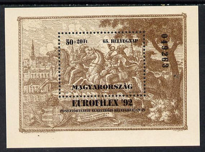 Hungary 1992 'Europhilex 92' m/sheet (Engraving) dark brown original printing, Mi BL 221